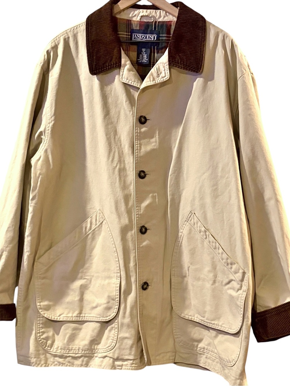 VTG Lands End Chore Jacket Mens XL Tall Tan Cotton Canvas Plaid Lined Gorpcore
